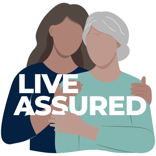An illustration of two faceless people. One has dark hair and embraces the other, an older person with gray hair. The text "LIVE ASSURED" is overlaid on the image, highlighting the importance of personal care services.