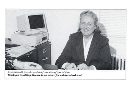 A woman sits at a desk with a computer and telephone, smiling. The text below reads: "Joan Griswold, founder and chief executive of Special Care, offering in-home care services. Proving a disabling disease is no match for a determined soul.