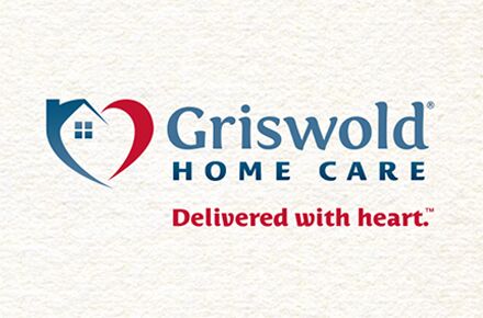 Griswold Home Care logo with a house inside a heart shape. The text reads "Griswold Home Care" and "Delivered with heart," highlighting their local home care services.
